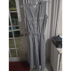 Spense Jumpsuit Women 8 Blue White Striped Sleeveless Buttons 4 Pockets Wide Leg